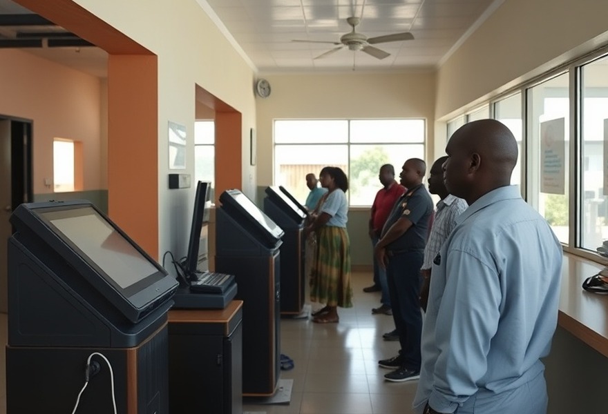 Before — Terminal out of service at peak hours: the wait moves to the teller desk.